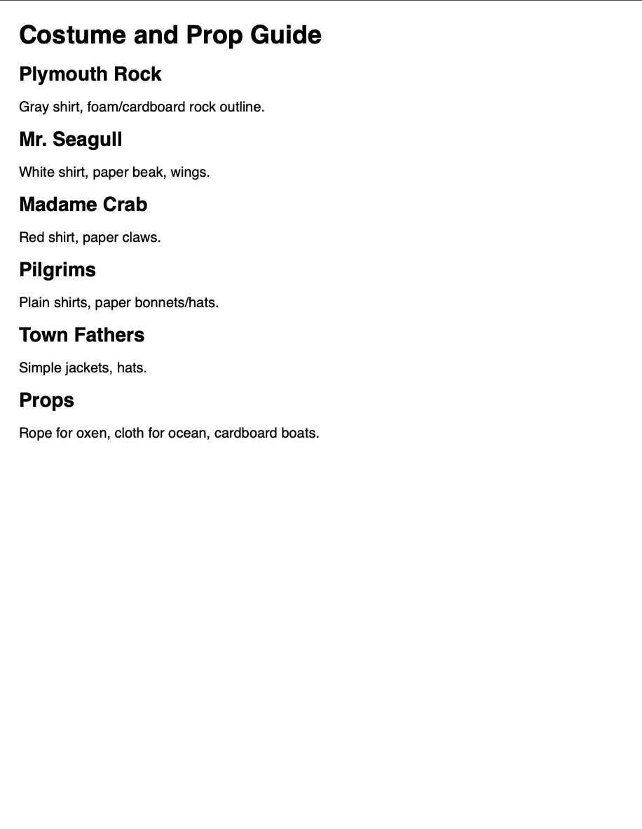 Costume and prop guide preview page